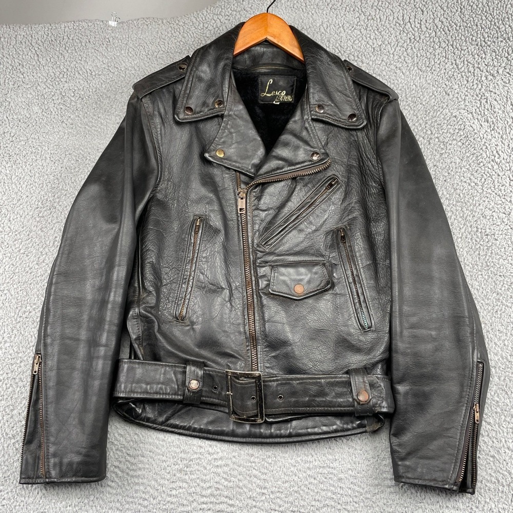 Lesco Leathers Jacket Mens 42 Black Motorcycle Biker Belted Asymmetrical Vintage
